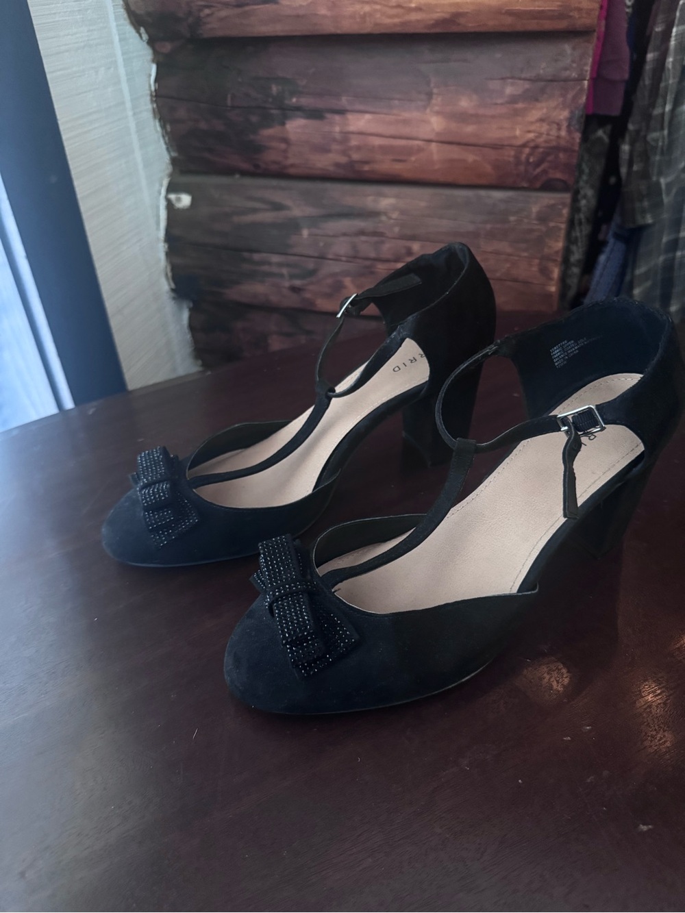 torrid size 12ww Black Suede T-Strap Heels with Beaded Bow Accent